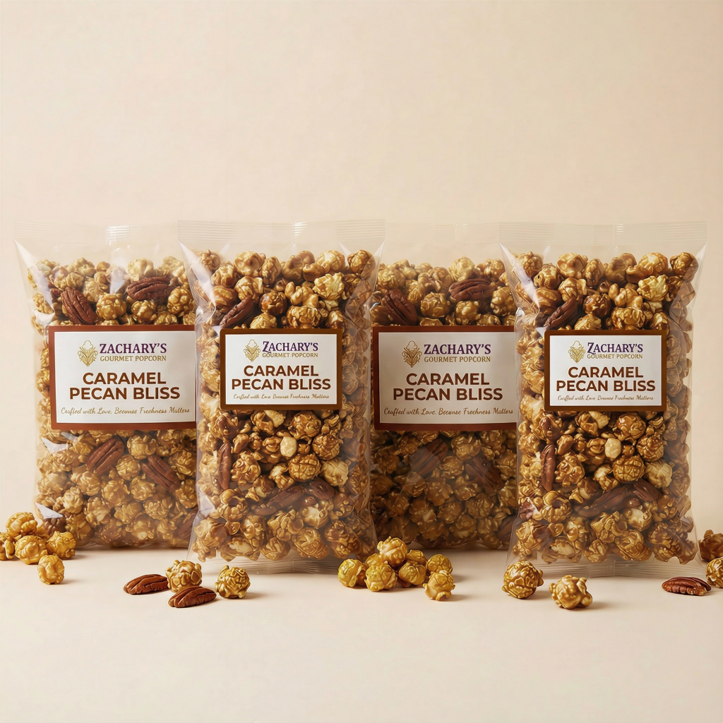 Zachary's Gourmet Popcorn Subscription: 4 Bags of Handcrafted Popcorn—Caramel Pecan Bliss—Delivered Monthly for just $30.