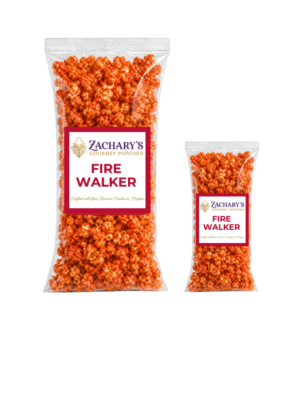 Two sizes of Zachary's Fire Walker gourmet popcorn side by side, large party bag and smaller shareable bag, orange spicy-coated kernels with red and white labels