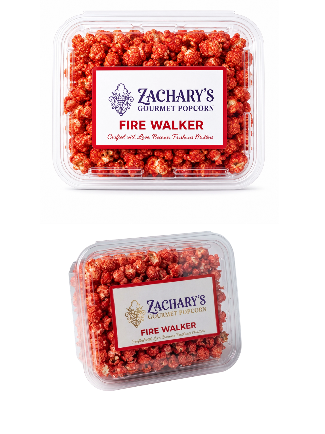 Two views of Zachary's Fire Walker gourmet popcorn in The Keeper resealable tub, red spicy-coated kernels with red and white label, top-down and angled views