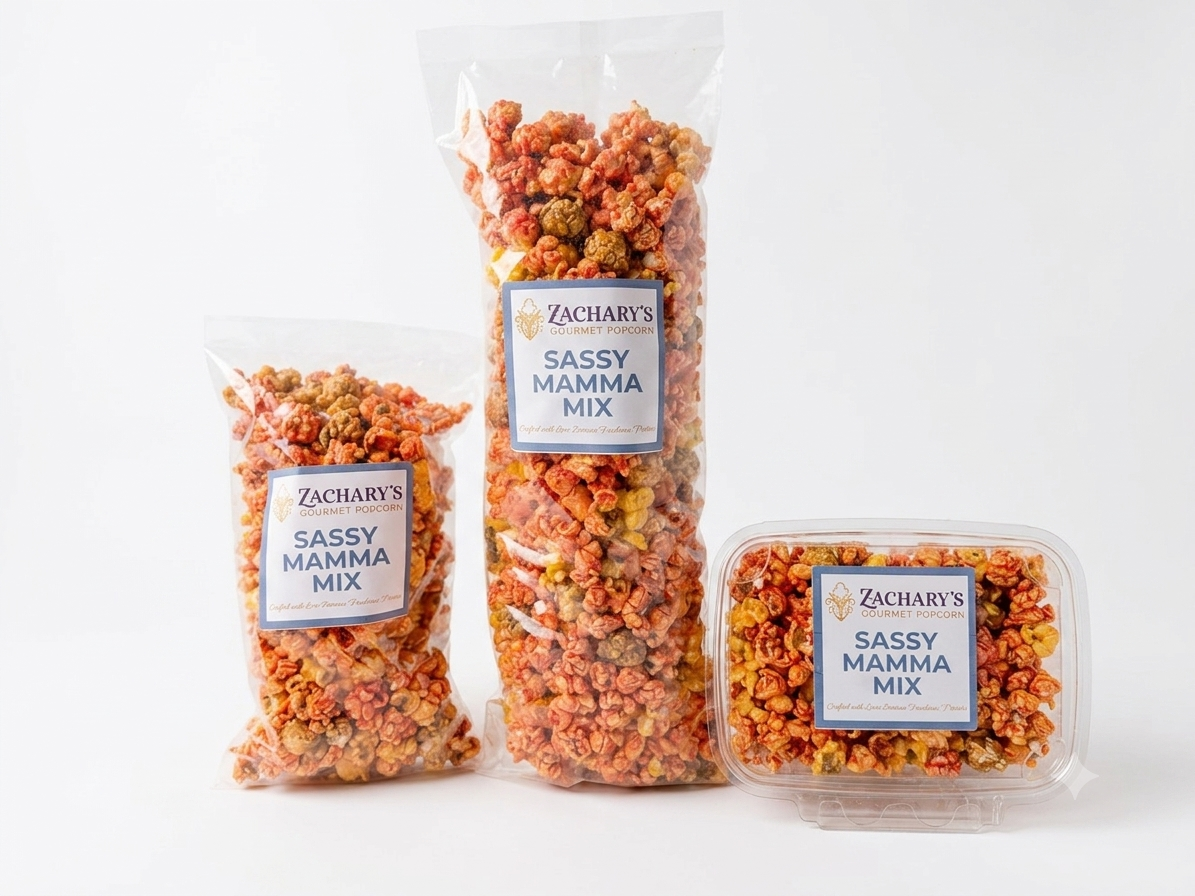 Three sizes of Zachary's Sassy Mamma Mix gourmet popcorn — shareable bag, party-size bag, and clamshell tub — Cheddar Caramel and Spicy kernel mix with blue and white labels