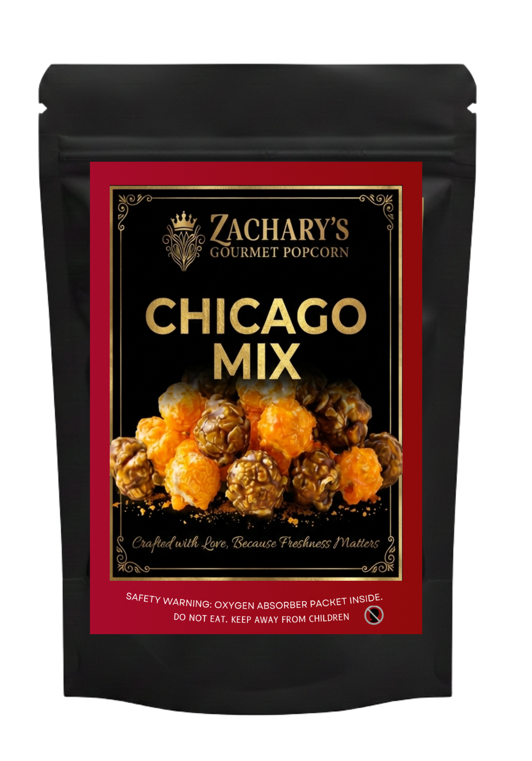 Zachary's Gourmet Popcorn Chicago Mix: A 6oz bag featuring our signature sweet and salty blend of Gourmet Caramel and Sharp Cheddar popcorn.