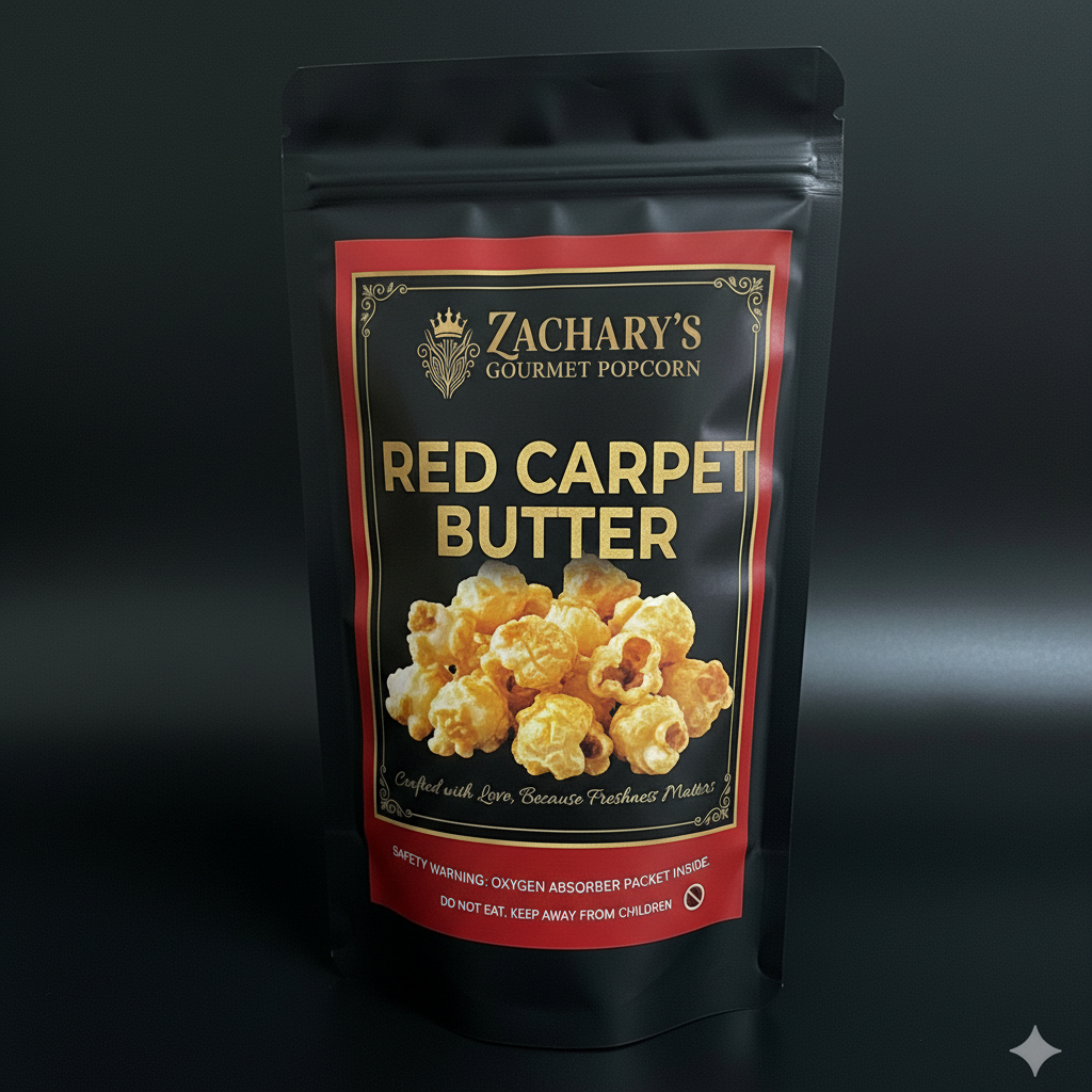 Close-up of Zachary's Red Carpet Butter label showing ornate gold borders and crown logo on matte black packaging