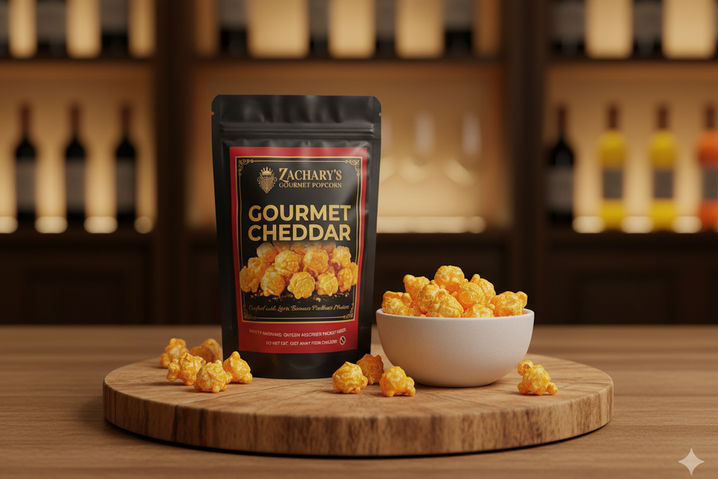 Zachary's Gourmet Cheddar Popcorn lifestyle shot with cheddar popcorn in ceramic bowl