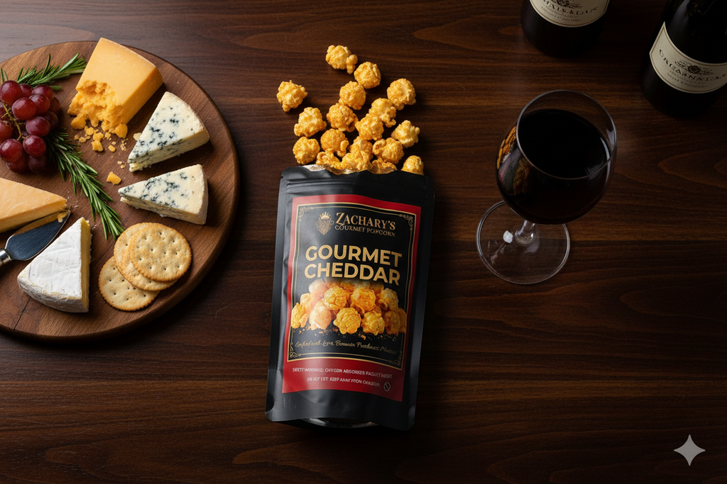 Zachary's Gourmet Cheddar Popcorn styled with wine glass and cheese board in upscale wine bar setting
