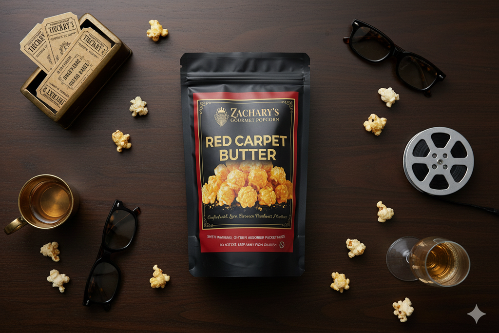 Zachary's Red Carpet Butter Popcorn styled in upscale boutique hotel room setting