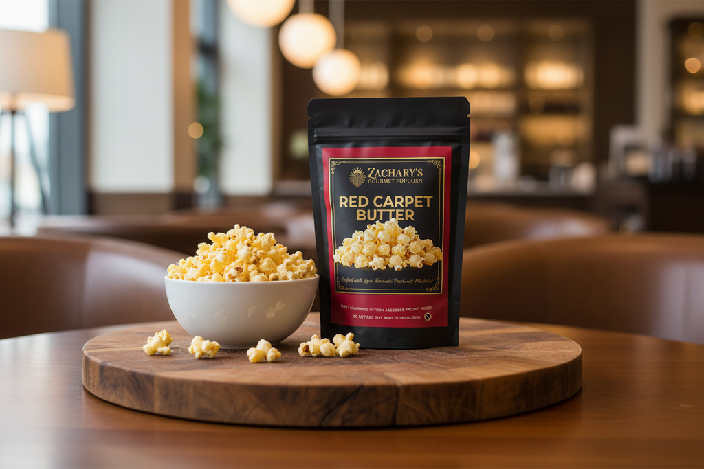 Zachary's Popcorn Red Carpet Butter packaging with popcorn on a wooden board in a restaurant setting