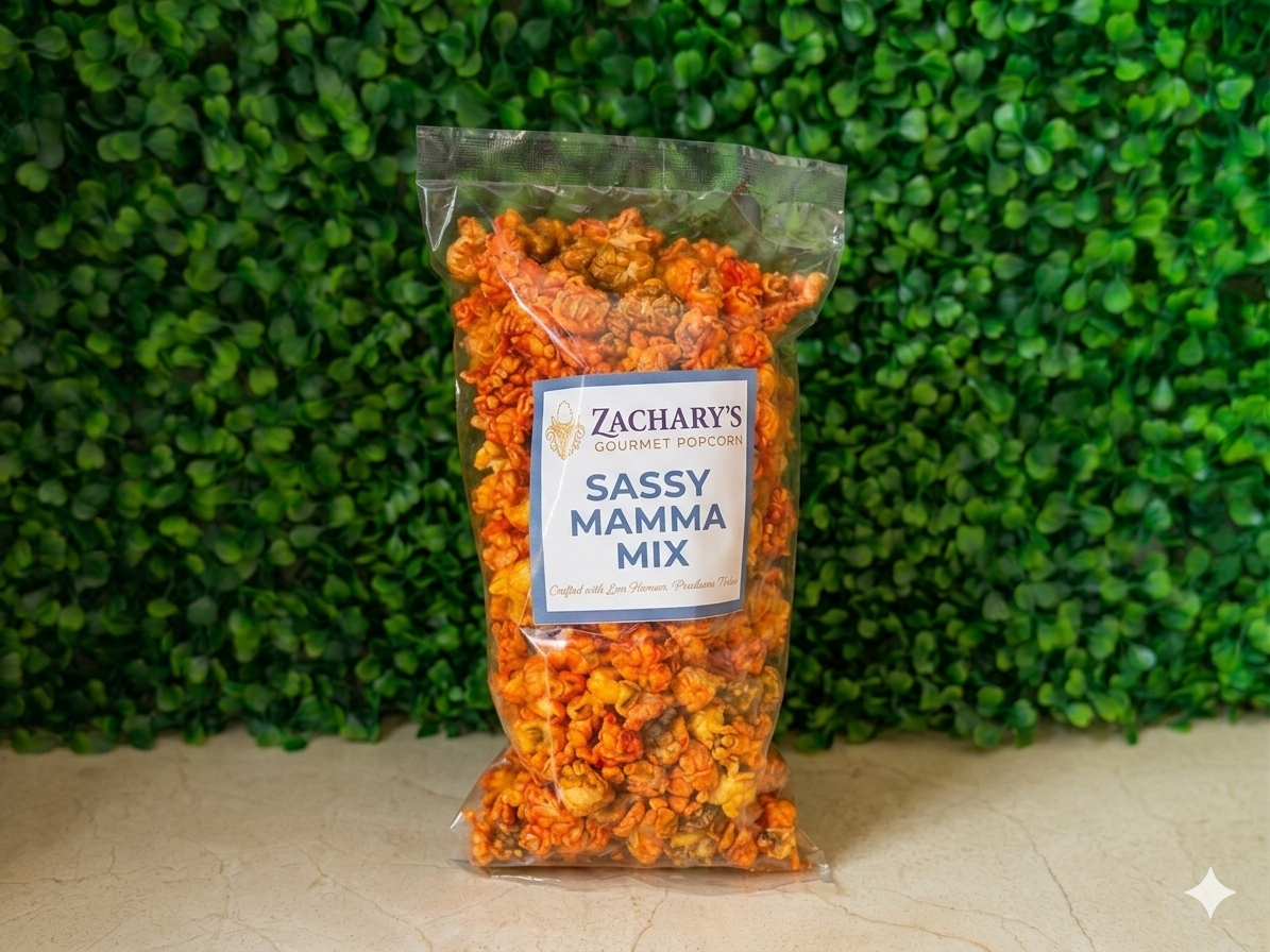 Close-up of Sassy Mamma Mix gourmet popcorn – caramel cheddar spicy variet
