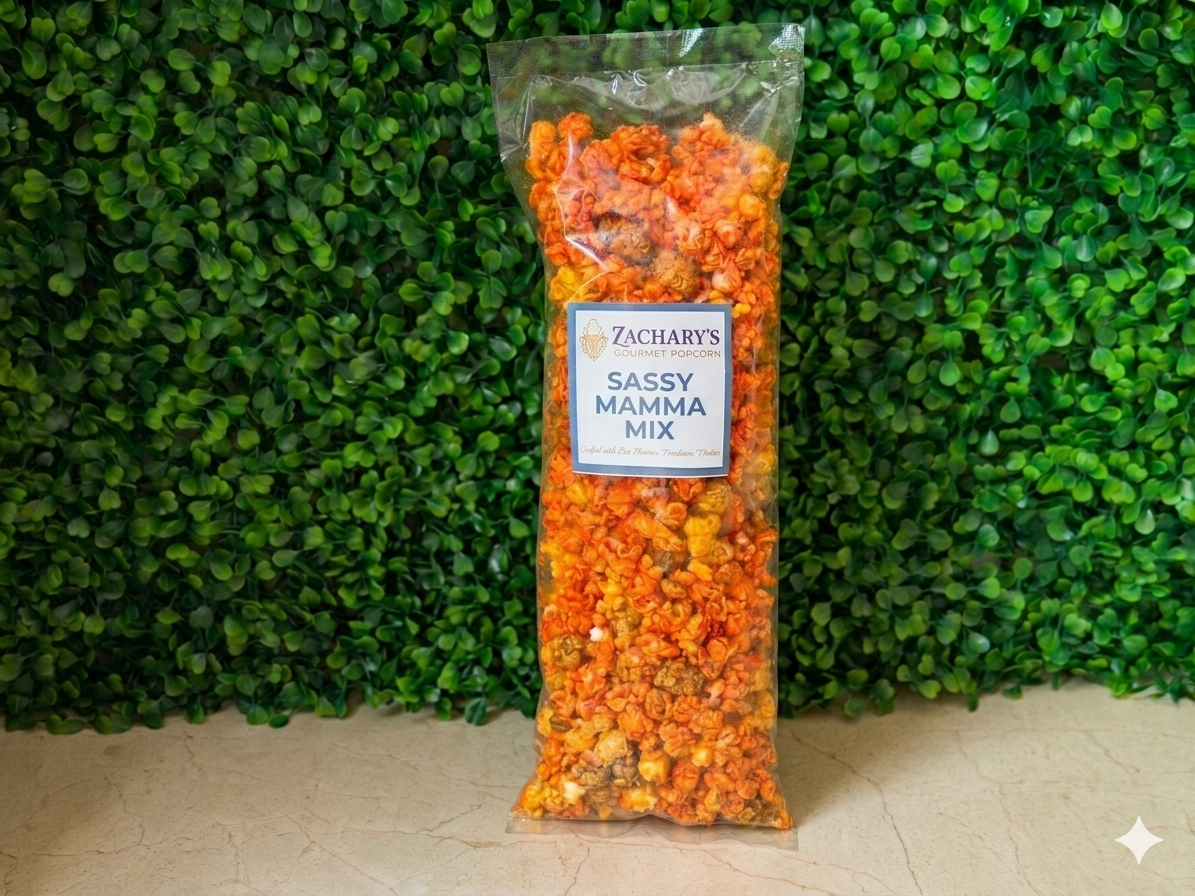 Gourmet Popcorn Sassy Mamma Mix bag label – caramel cheddar spicy