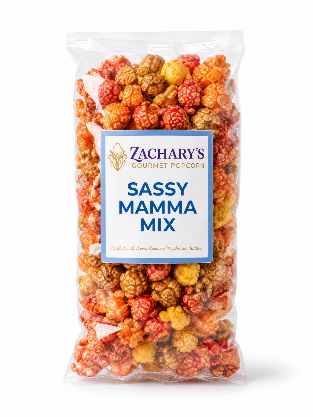 Sassy Mamma Mix gourmet popcorn, sweet and savory caramel-Cheddar, spicy kernel blend with blue and white label
