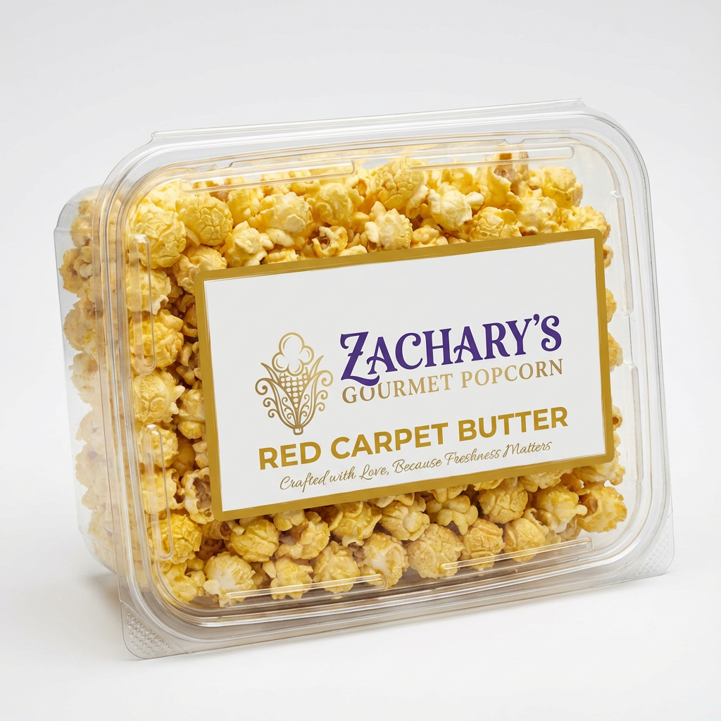 Zachary's Gourmet Popcorn Red Carpet Butter: A 6oz bag of movie-theater style popcorn with golden, buttery kernels handcrafted for a premium crunch.