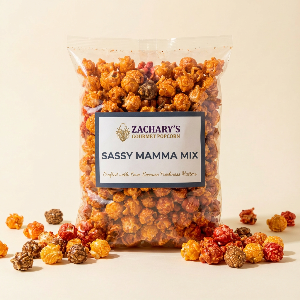 Zachary's Gourmet Popcorn Sassy Mamma: A unique, bold gourmet popcorn flavor handcrafted in small batches for a sophisticated snacking experience.