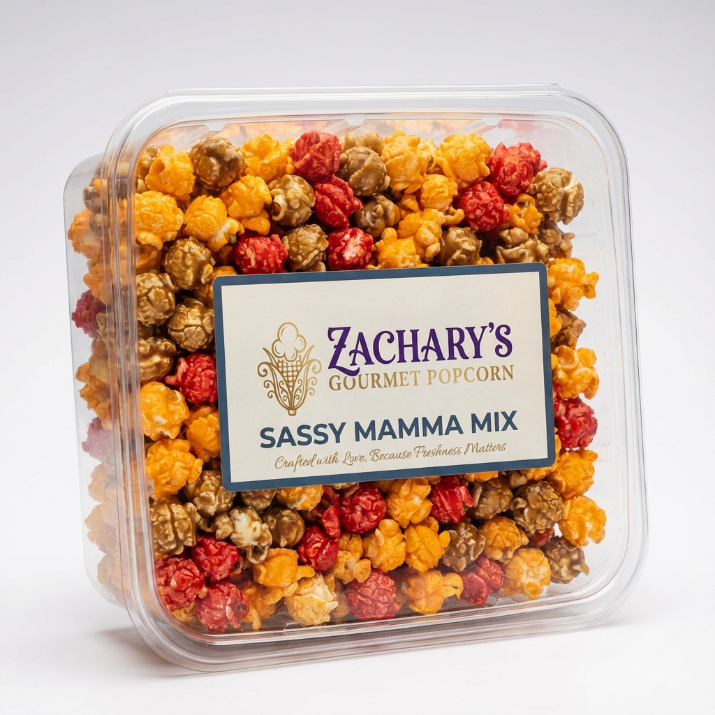 Zachary's Gourmet Popcorn Sassy Mamma: A unique, bold gourmet popcorn flavor handcrafted in small batches for a sophisticated snacking experience.