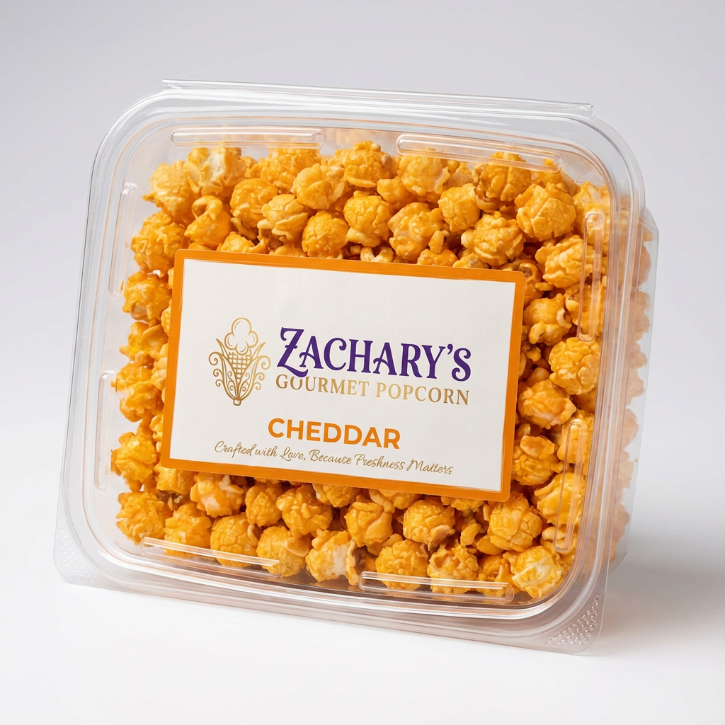 Zachary's Gourmet Popcorn Sharp Cheddar: A 8oz container of fresh, handmade savory popcorn coated in real sharp cheddar cheese.